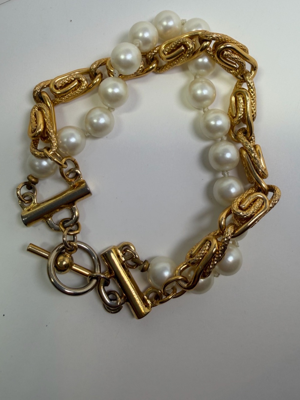 Double Stranded Golden Links and Pearls Vintage Link Bracelet with Toggle Clasp